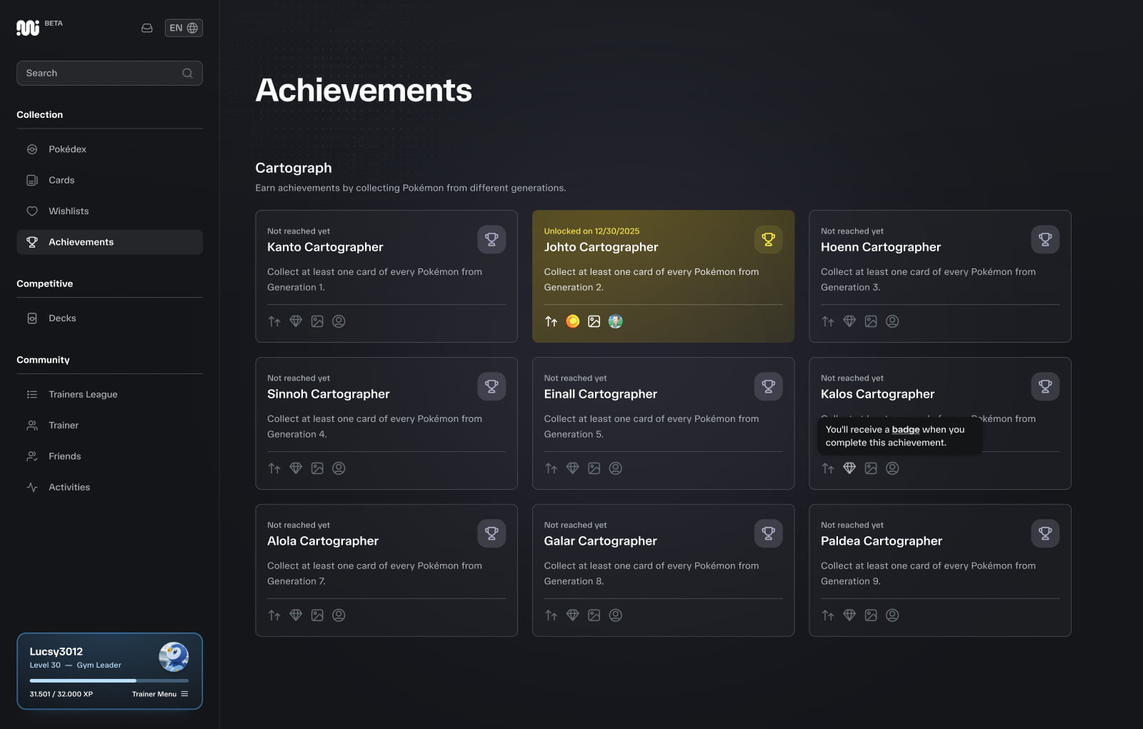 Screenshot of the achievements page with 9 achievements