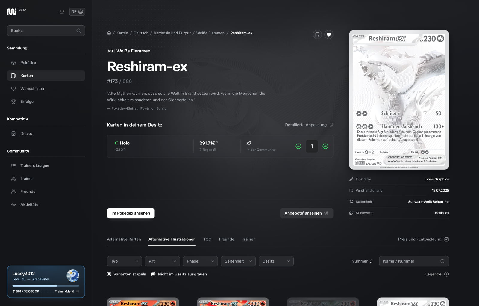 Screenshot der Kartendetailseite, die Reshiram-ex zeigt