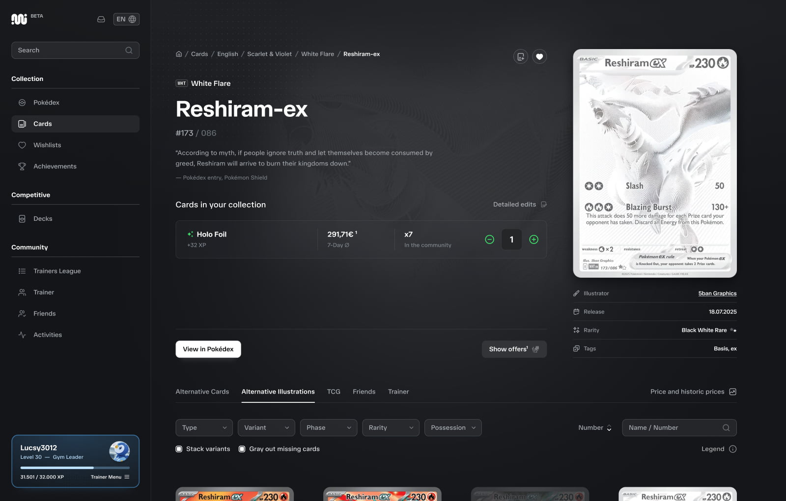 Screenshot of the card detail page which shows a Reshiram-ex card