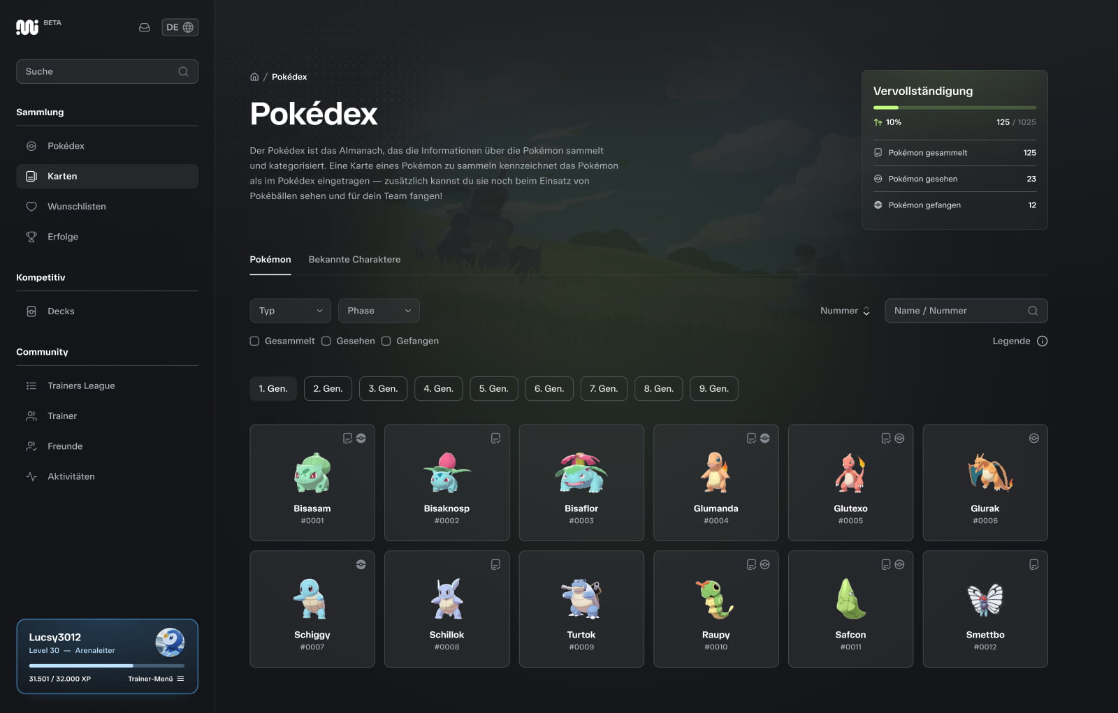Screenshot des Pokédex, der die ersten 12 Pokémon und einen Fortschrittsbalken zeigt